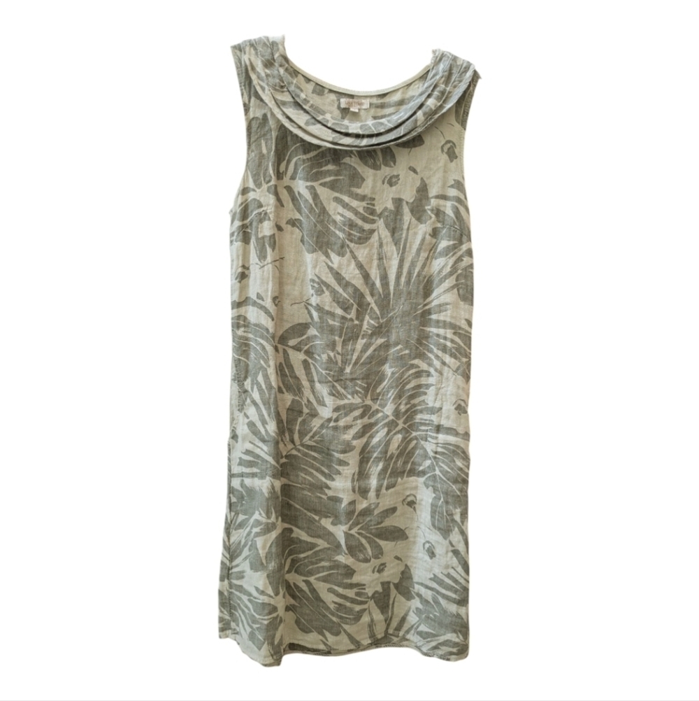 Lina Tomei Linen Dress Tropical Leaves Green Sleeveless Midi Size S Pockets